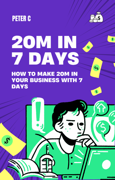 Book cover of '20M in 7 Days' with a purple background and character at a computer.